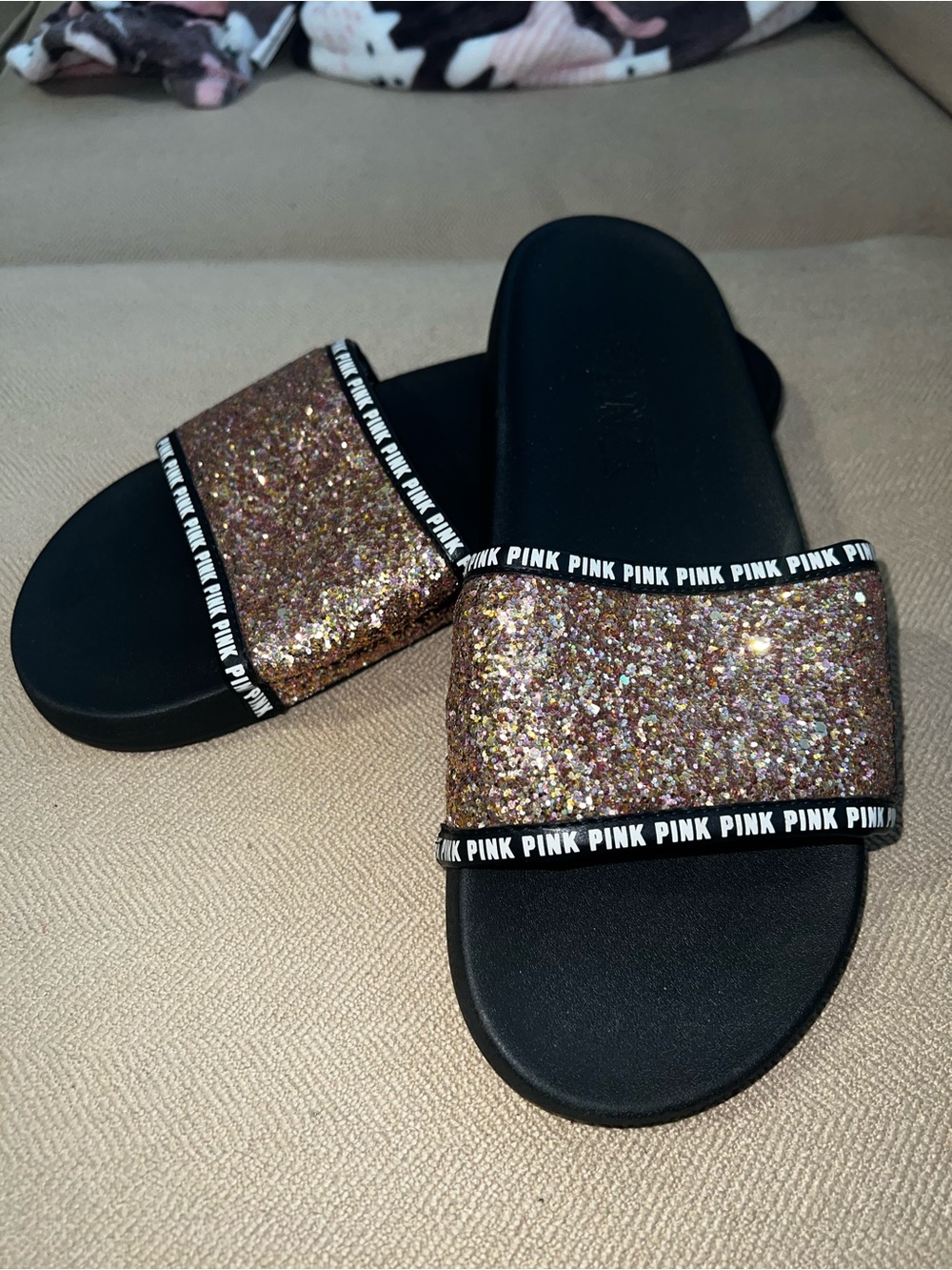 PINK Victoria's Secret Black Slides with Rose Gold Glitter Strap